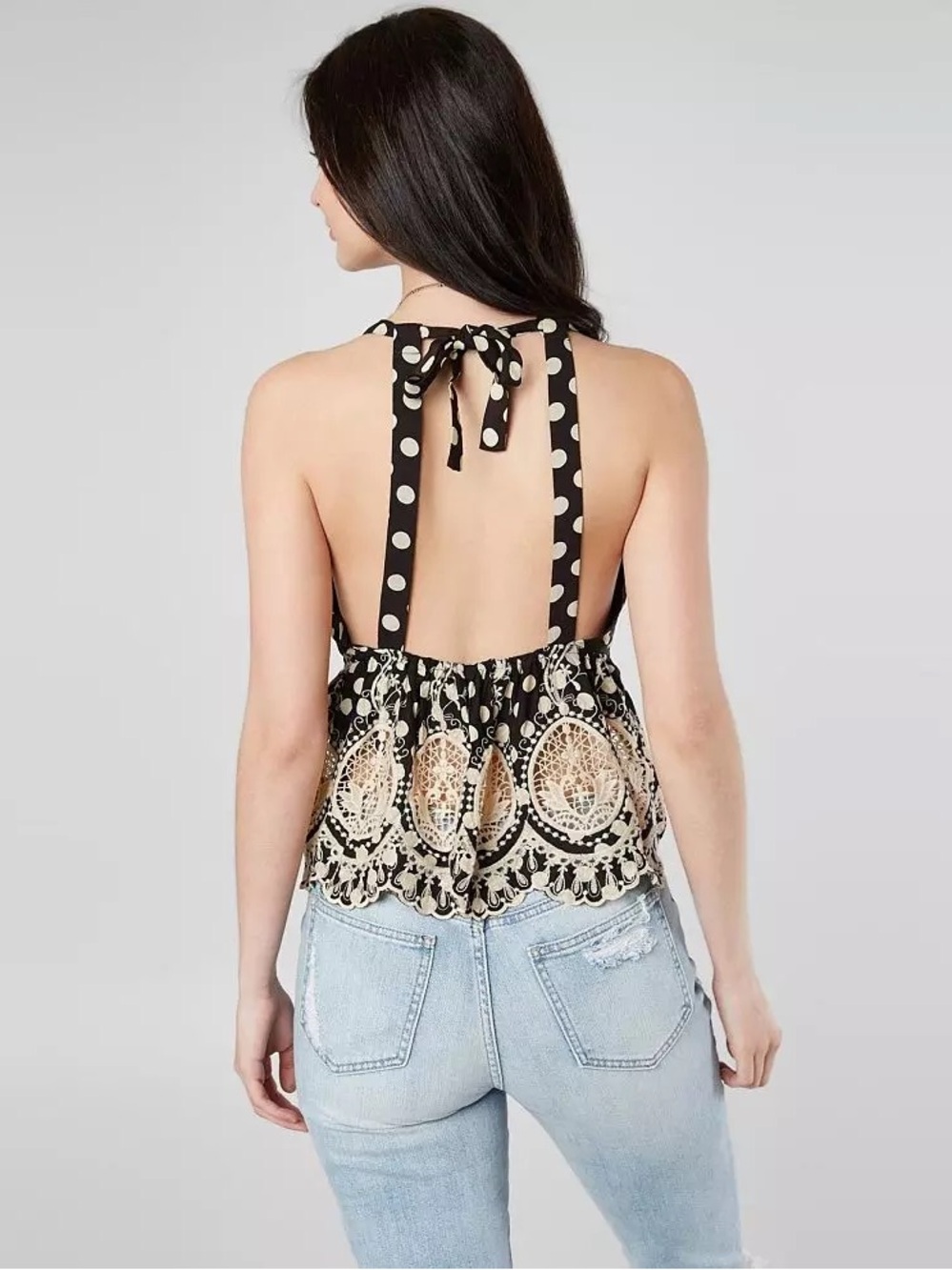 Free People Lunch Date Polka Dot Halter Top Crochet Lace Boho Black Medium NWT - Picture 2 of 8